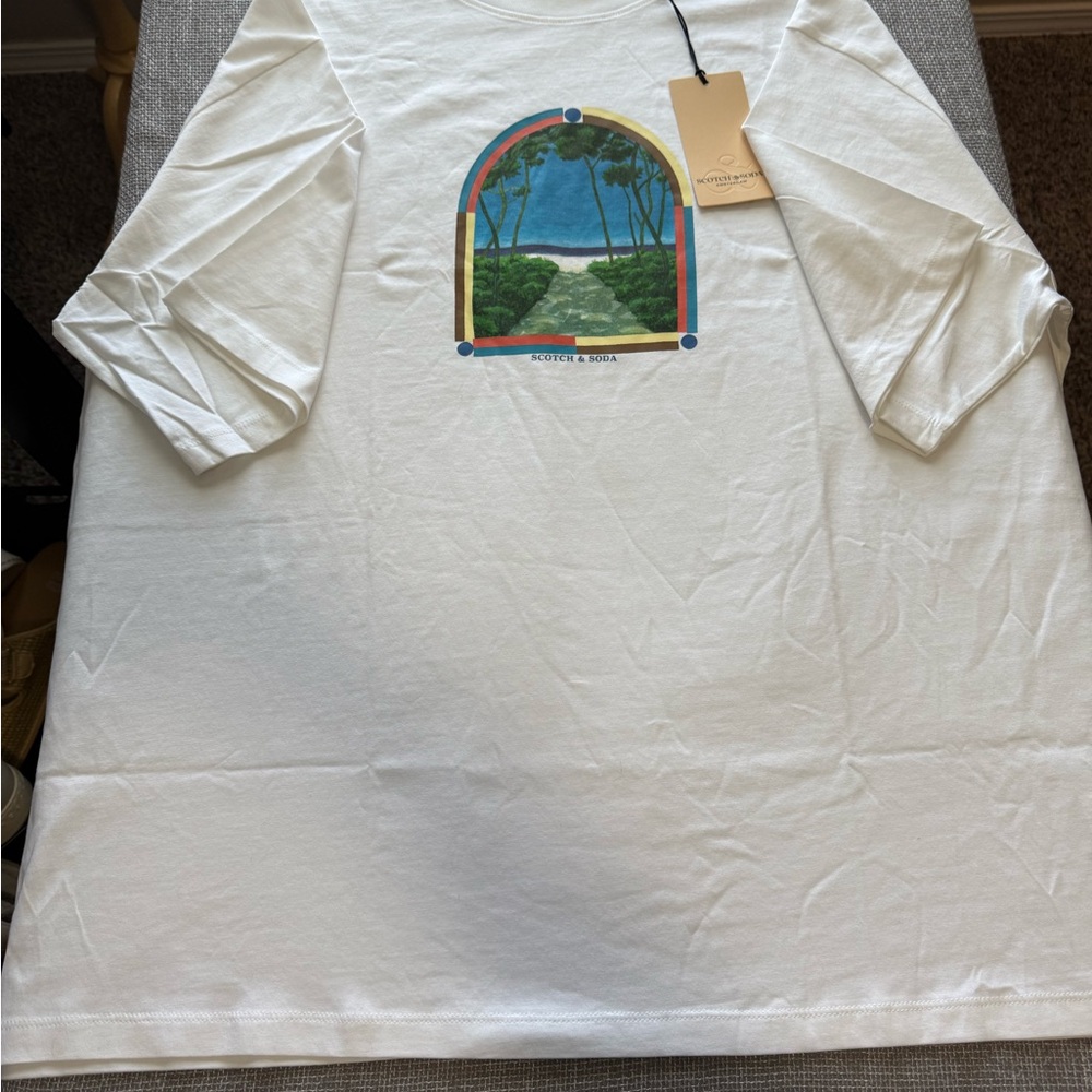 Scotch & Soda White Short Sleeve Tee with Scenic Print